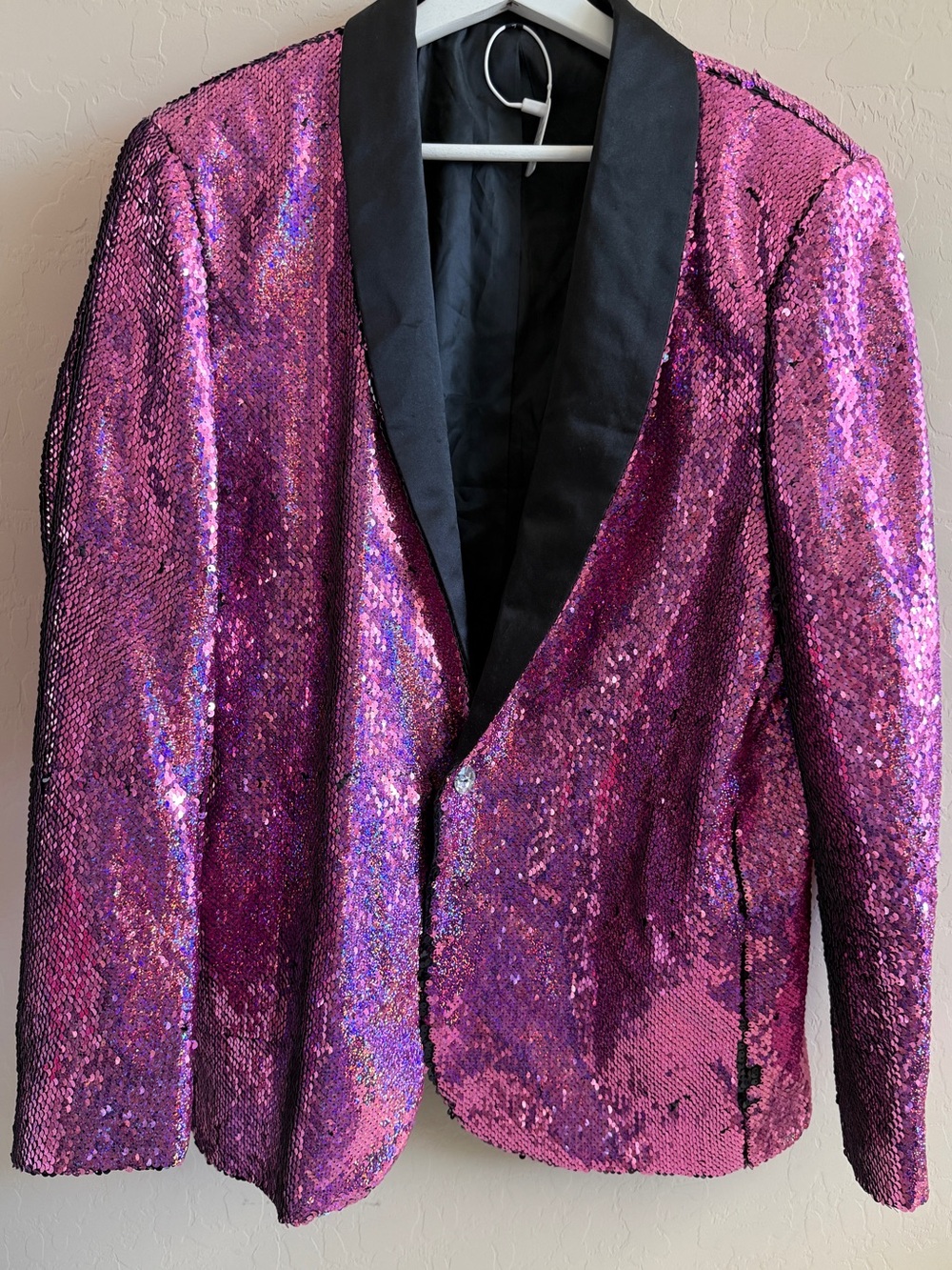 Men’s Pink Sequin Blazer Jacket Black Satin Lapel Size Large